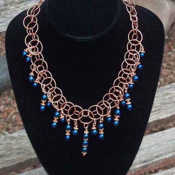 Handmad Blue Faux Pearl Statement Necklace With Copper Coated Brass Hoop Chains - Picture 3 of 6
